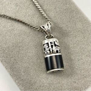 950 Sterling Silver Onyx Inca Tribal Engraved Pendant 925 Silver Chain Necklace